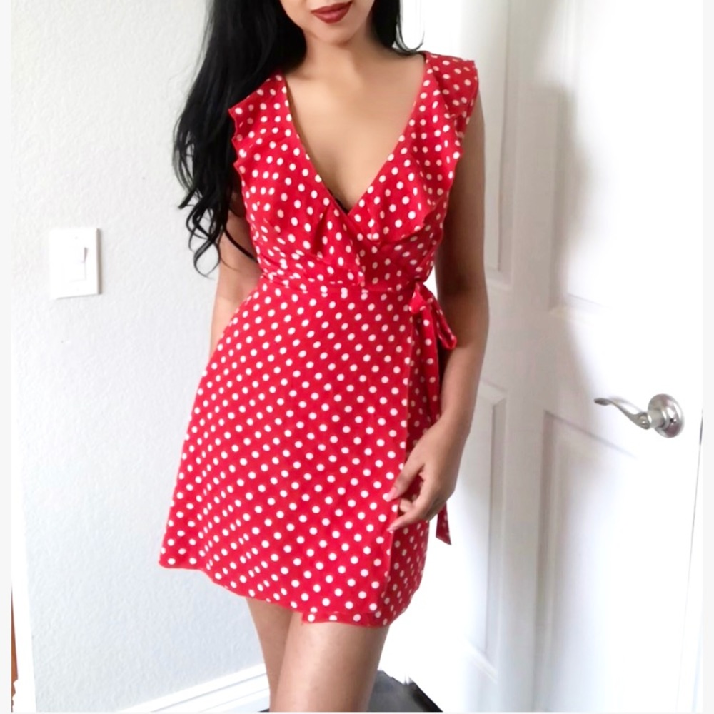 Red polka dot wrap dress